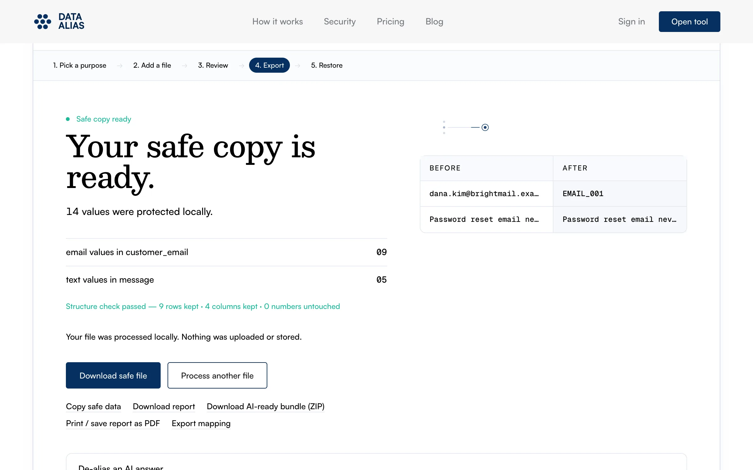 The result screen: 14 values protected locally, a structure check confirming 9 rows and 4 columns kept, and the Download safe file button